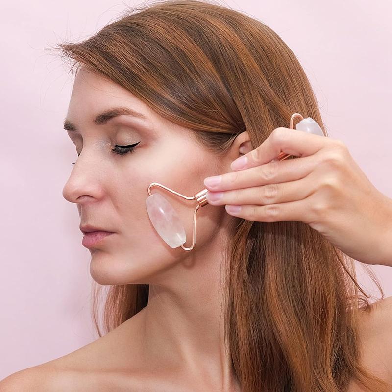 Face Massager Rose Quartz Face Roller & Gua Sha Facial Tool Set, Muscle Tension Relief, Skin Care Gift for Men Woman, Christmas Gifts