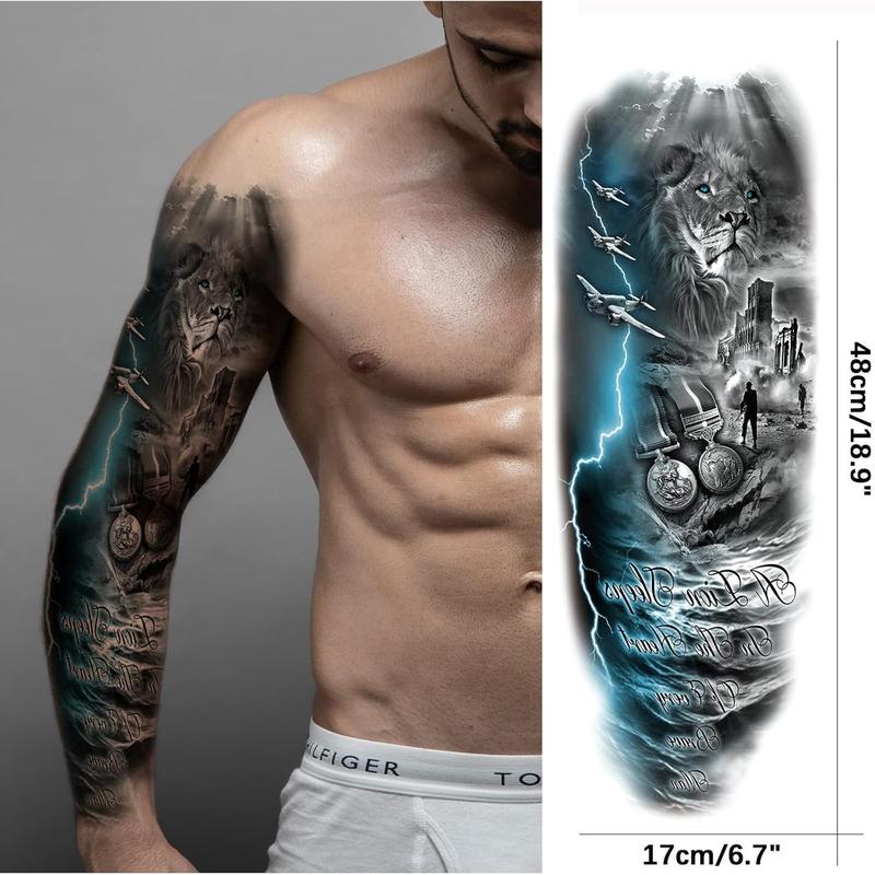 Lion Wolf Temporary Tattoo Sleeve, Large Full Arm Animal Tribal Fake Tattoos Sleeve For Men Women Adult, Long Lasting Black Arm Temp Tatoo Sticker Leg Body Art Makeup, 4-Sheet