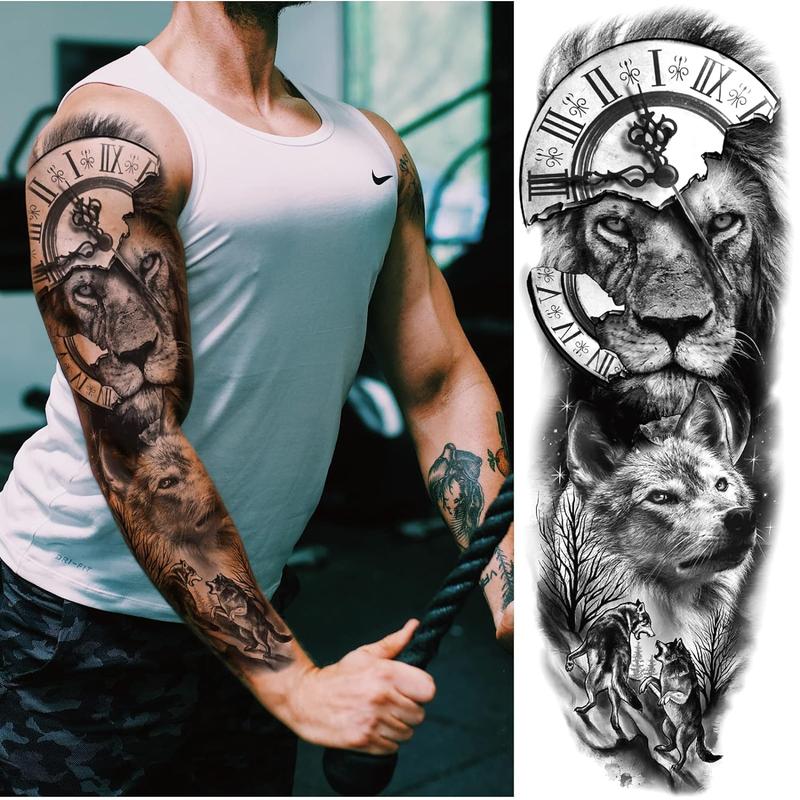 Lion Wolf Temporary Tattoo Sleeve, Large Full Arm Animal Tribal Fake Tattoos Sleeve For Men Women Adult, Long Lasting Black Arm Temp Tatoo Sticker Leg Body Art Makeup, 4-Sheet