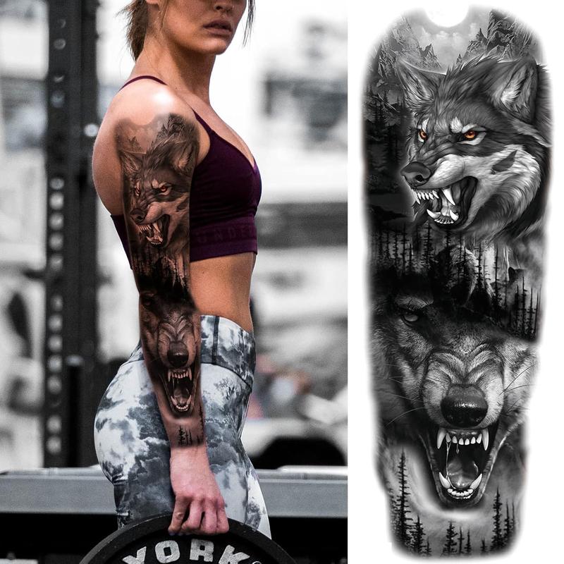 Lion Wolf Temporary Tattoo Sleeve, Large Full Arm Animal Tribal Fake Tattoos Sleeve For Men Women Adult, Long Lasting Black Arm Temp Tatoo Sticker Leg Body Art Makeup, 4-Sheet