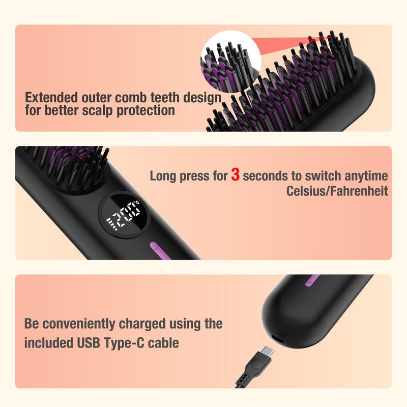 Portable Cordless Straightener, 1 Count 7-speed Temperature Adjustment Hair Straightening Comb, Straightener Brush, LED Screen Display Hair Styling Tool for Home & Travel, Christmas Gift