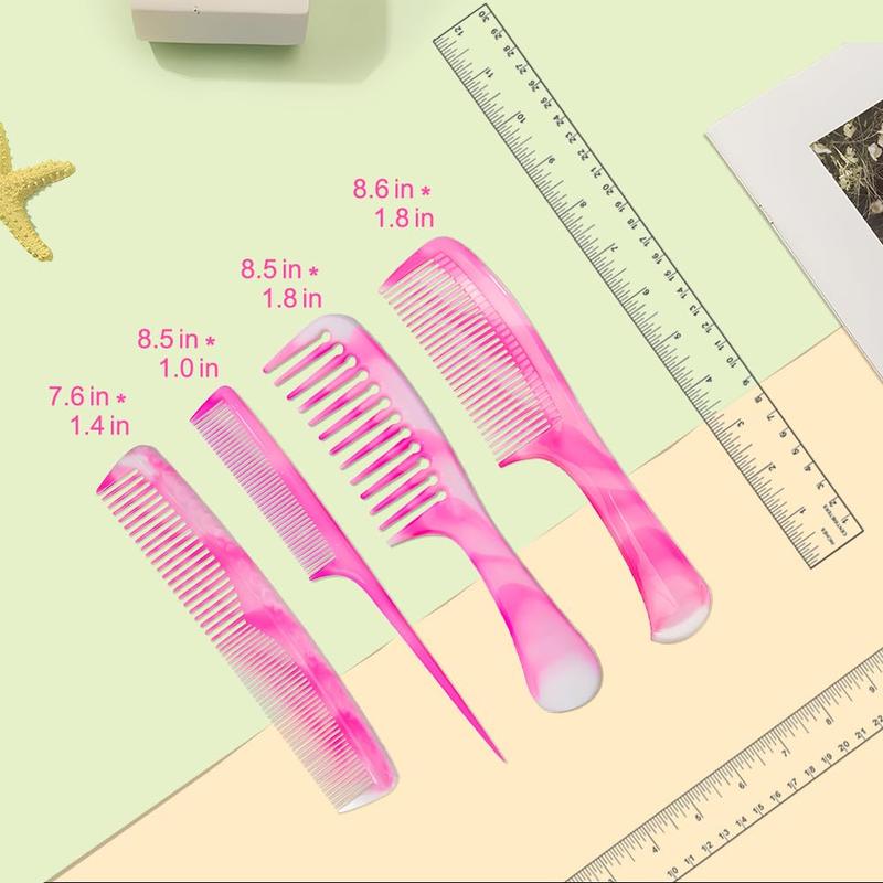 Pink Hair Comb Set - Wide Tooth, Fine Tooth, Rat Tail, and Dual Comb for Women and Men