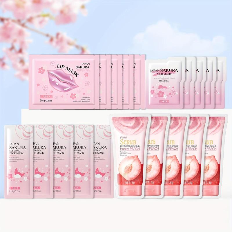 Sakura Skin Care Kit, 20pcs set Moisturizing Facial Mask & Lip Mask & Mud Mask & Facial Scrub, Hydrating Skin Care Products for Women, Christmas Gift