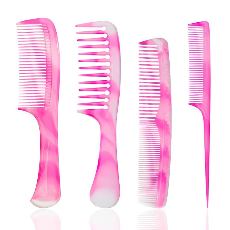 Pink Hair Comb Set - Wide Tooth, Fine Tooth, Rat Tail, and Dual Comb for Women and Men