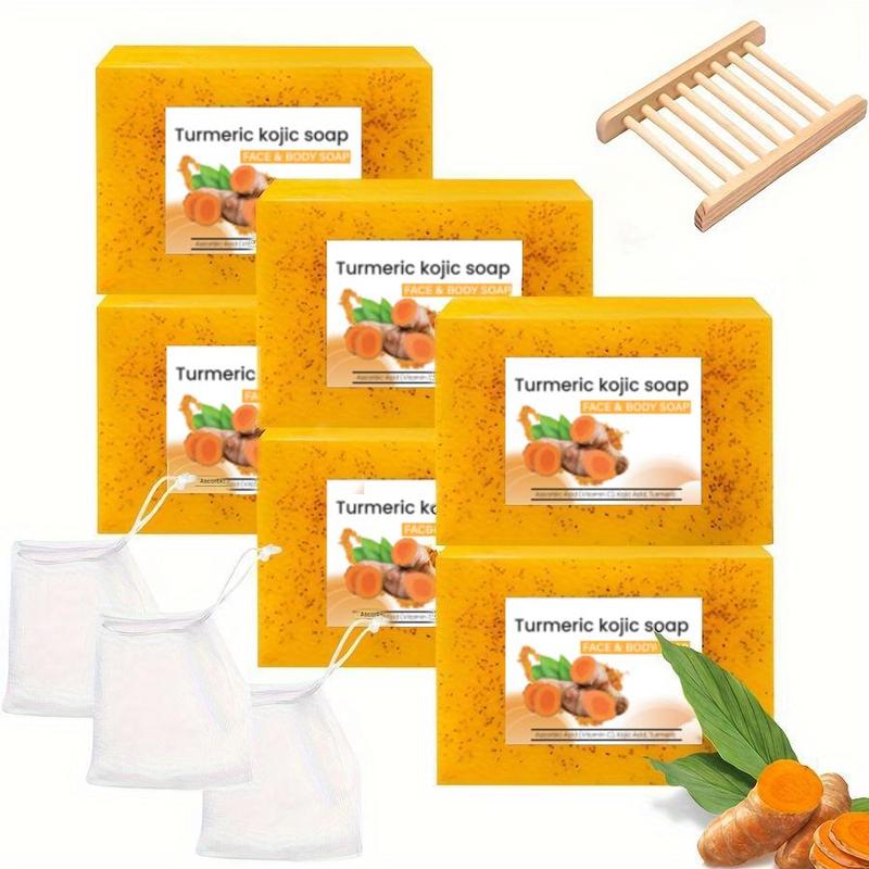 Turmeric Soap Set, 6 Counts set Deep Cleansing & Nourishing Soap with Bubble Net & Soap Holder, Moisturizing Body Wash Soap for Men & Women