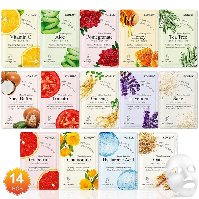 14 Pack Sheet Face Masks Skincare for All Skin Types, Hydrating Face Masks Suitable for Sensitive Skin, Bulk Facial Mask Set for Women Skin Care, Face Mask Gifts Set for Face Spa