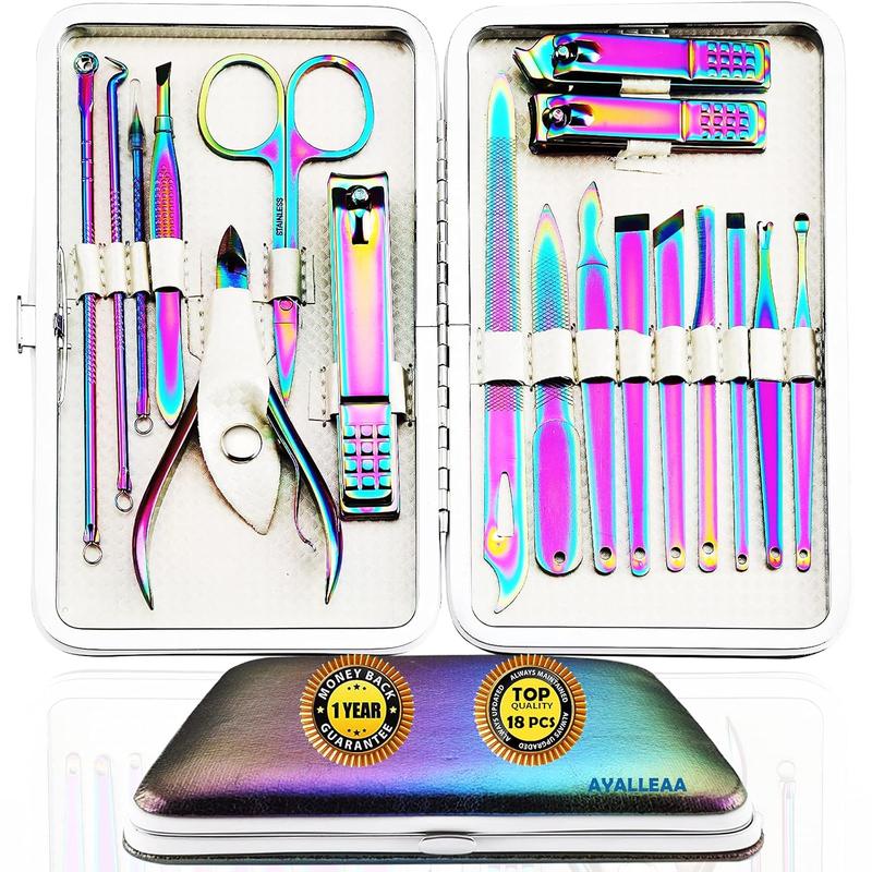 Manicure Set Nail Clippers Set Pedicure 18  Stainless Steel Manicure Kit Professional Grooming Care Tools Nose Hair Scissors Nail File.The Best Gift with Luxurious Case (Rainbow_18) Nail Care Daily