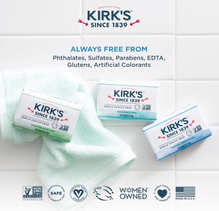 Kirk's Castile Bar Soap for Men, Women - Made With Premium Coconut Oil, Sensitive Skin Formula, 4 oz. Body Care Cleansing Gentle Hydrating