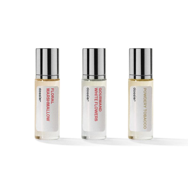 Celebrity-Approved Trio, Dossier, Eau de Parfum, 3x11ml, Floral Marshmallow, Gourmand White Flowers, Powdery Tobaco