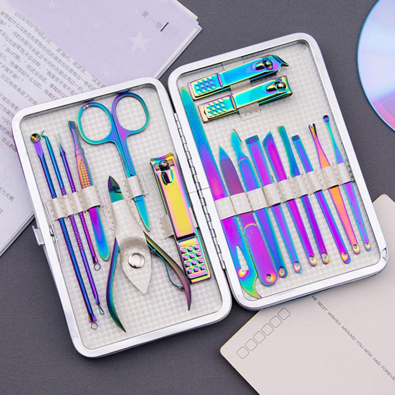 Manicure Set Nail Clippers Set Pedicure 18  Stainless Steel Manicure Kit Professional Grooming Care Tools Nose Hair Scissors Nail File.The Best Gift with Luxurious Case (Rainbow_18) Nail Care Daily