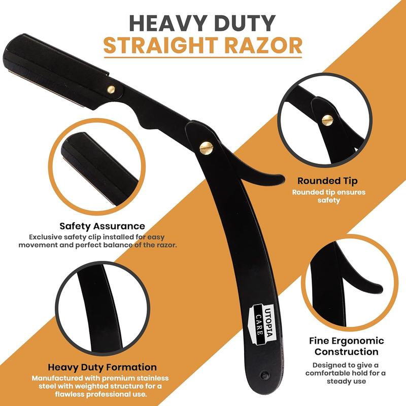 BG Professional Barber Straight Edge Razor Safety with 100-Pack Derby Blades - 100 Percent Stainless Steel (Black)