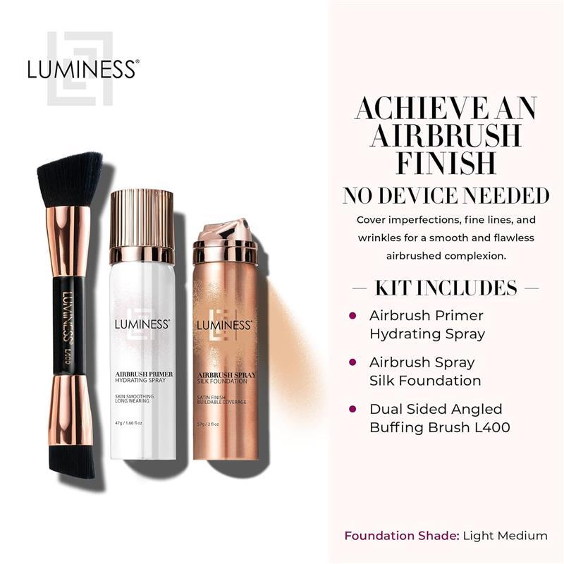 LUMINESS Silk Airbrush Spray Foundation Makeup Starter Kit- Full Coverage Foundation, Primer & Dual-Sided Buffing Brush-Buildable Coverage, Anti-Aging Formula Hydrate & Moisturize (Shade-Light Medium)