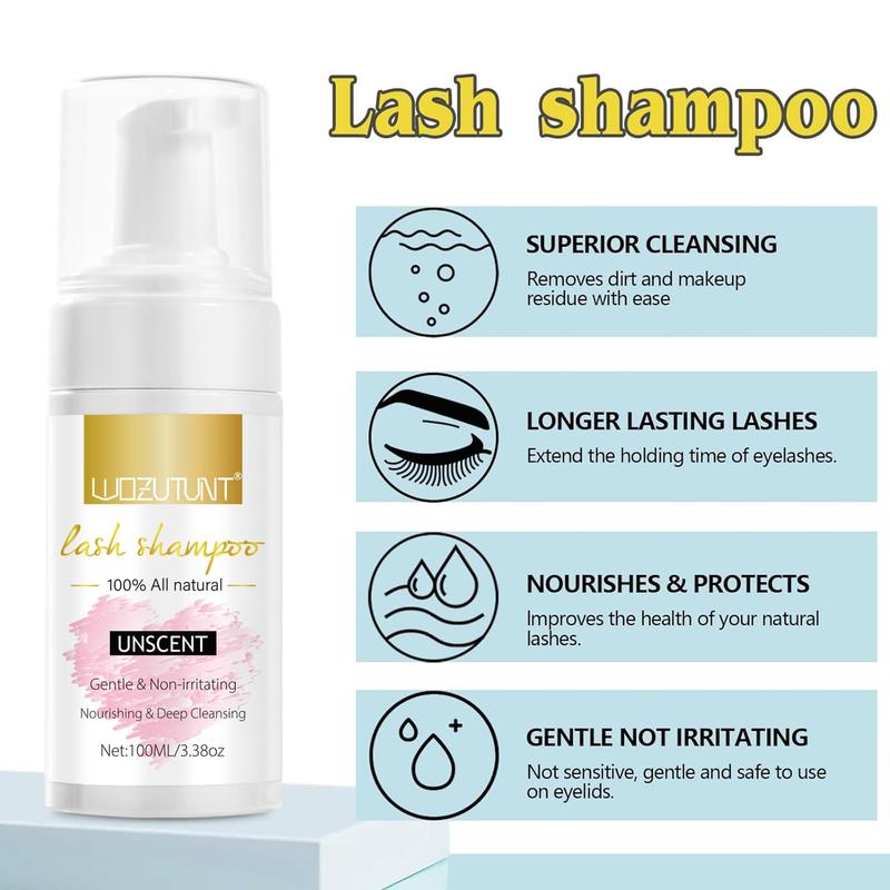 Lash Shampoo 3.38oz for Eyelash Extensions - Lash Mousse Cleanser with Lash Brushes and Wash Bottle for Clean Lashes