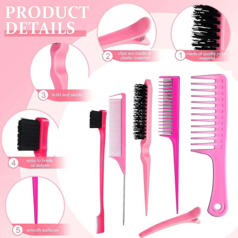 15-  Set with Fluffy Brush, Rat Tail Comb, Triple Teasing Comb, Dual Edge Brush, and 10 Duckbill Clips for Women (Pink and Black)