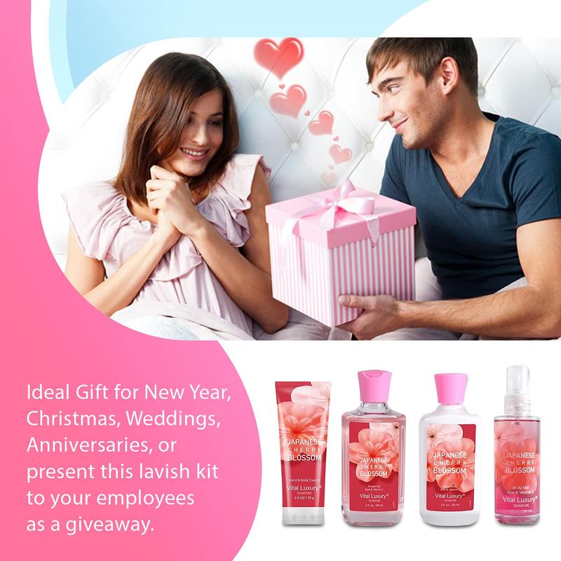 Japanese Cherry Bath & Body Kit - Travel Size Set with Body Lotion, Shower Gel, Body Cream, and Fragrance Mist - Body Care, Comfort