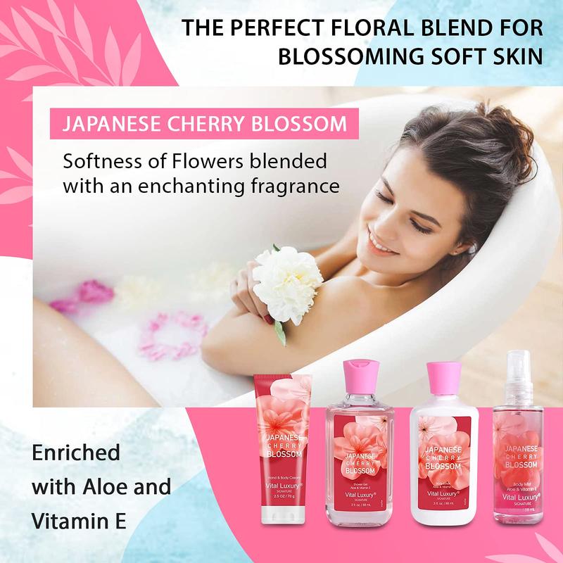 Japanese Cherry Bath & Body Kit - Travel Size Set with Body Lotion, Shower Gel, Body Cream, and Fragrance Mist - Body Care, Comfort