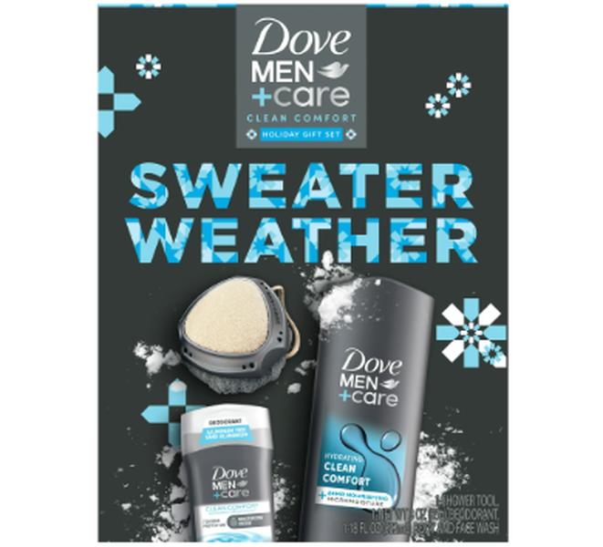 Dove Men+Care Clean Comfort Men's Holiday Gift Set Body + Fash Wash Deodorant Stick & Shower Tool, 3 Count