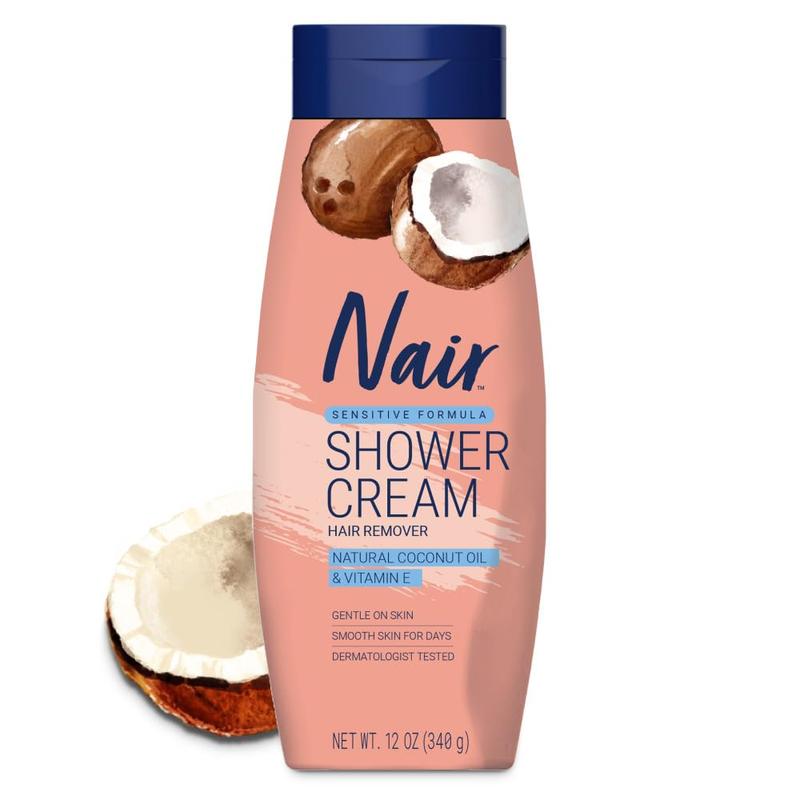 NAIR Sensitive Shower Cream Hair Remover with Natural Coconut Oil and Vitamin E, Body Hair Removal Cream for Women, 12 oz