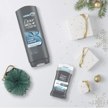 Dove Men+Care Clean Comfort Men's Holiday Gift Set Body + Fash Wash Deodorant Stick & Shower Tool, 3 Count