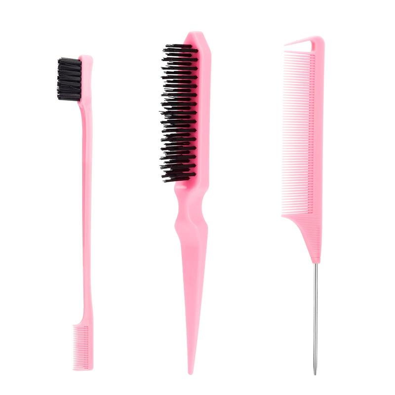 3 Pcs Slick Back Hair Brush Set with Edge Brush, Bristle, Rat Tail Comb, Teasing  Set for Smoothing Hair & Flyaways - Pink Haircare Heatless Color