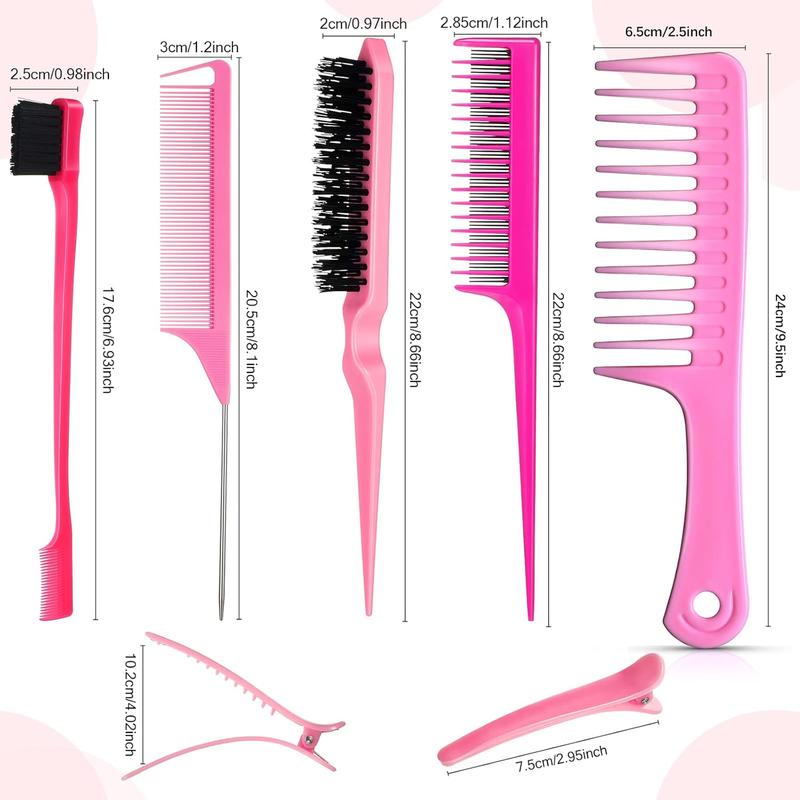 15-  Set with Fluffy Brush, Rat Tail Comb, Triple Teasing Comb, Dual Edge Brush, and 10 Duckbill Clips for Women (Pink and Black)