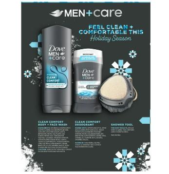 Dove Men+Care Clean Comfort Men's Holiday Gift Set Body + Fash Wash Deodorant Stick & Shower Tool, 3 Count