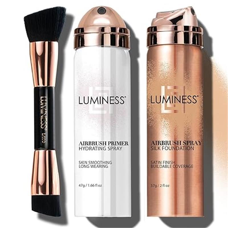 LUMINESS Silk Airbrush Spray Foundation Makeup Starter Kit- Full Coverage Foundation, Primer & Dual-Sided Buffing Brush-Buildable Coverage, Anti-Aging Formula Hydrate & Moisturize (Shade-Light Medium)