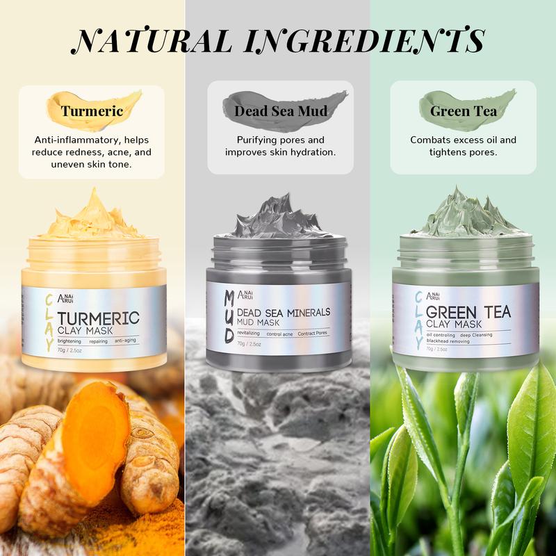 ANAiRUi Christmas 3in1 Clay Mask Set - Turmeric Mask & Green Tea Mask & Dead Sea Minerals Mask for Deep Cleansing, Oily Skin, Comfort Skincare Mask