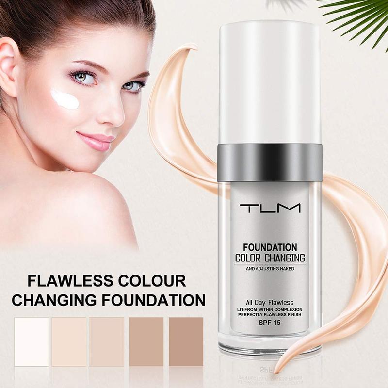 2PCS TLM Color Changing Liquid Foundation Hides Wrinkles & Lines, Full Coverage Natural Color Face Primer Base Makeup, Long Lasting Lightweight Liquid Foundation SPF 15 for Face Makeup