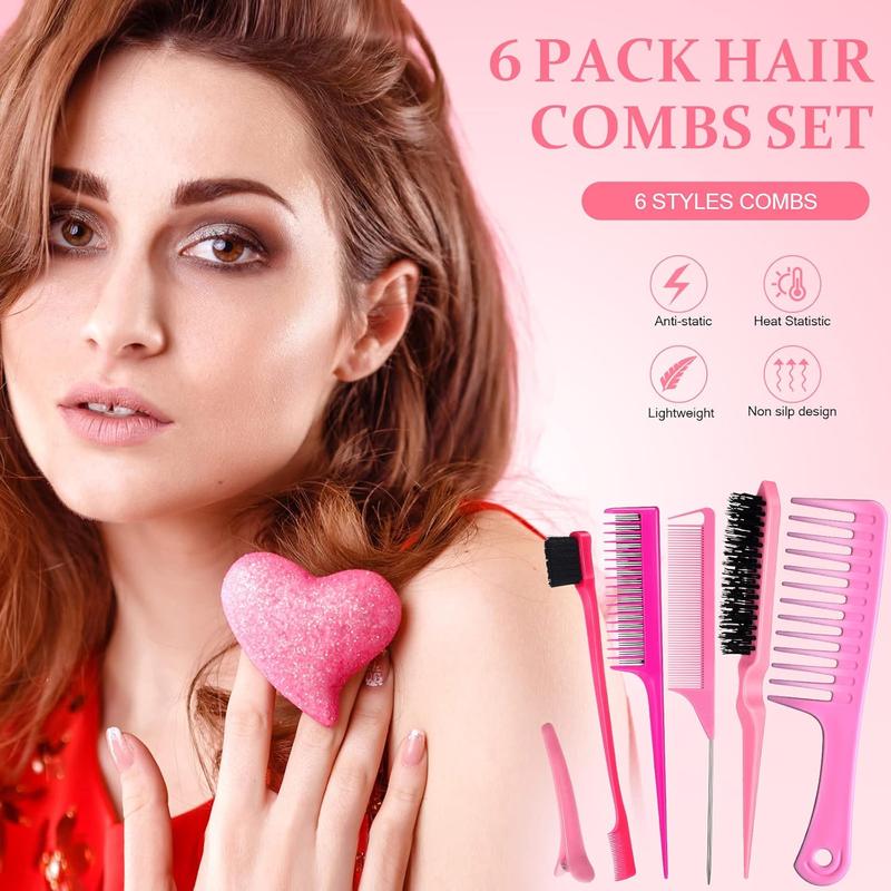 15-  Set with Fluffy Brush, Rat Tail Comb, Triple Teasing Comb, Dual Edge Brush, and 10 Duckbill Clips for Women (Pink and Black)