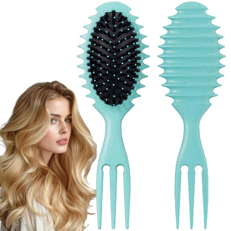 Curly Hair Brush Boar Bristle Curl Defining Brush for Curl Wave Straight Hair, Unique Trident Handle Design Defineing Brush for Wet Dry Hair Styling Massage Hairbrush Hair Pick Comb Curl Brush Green