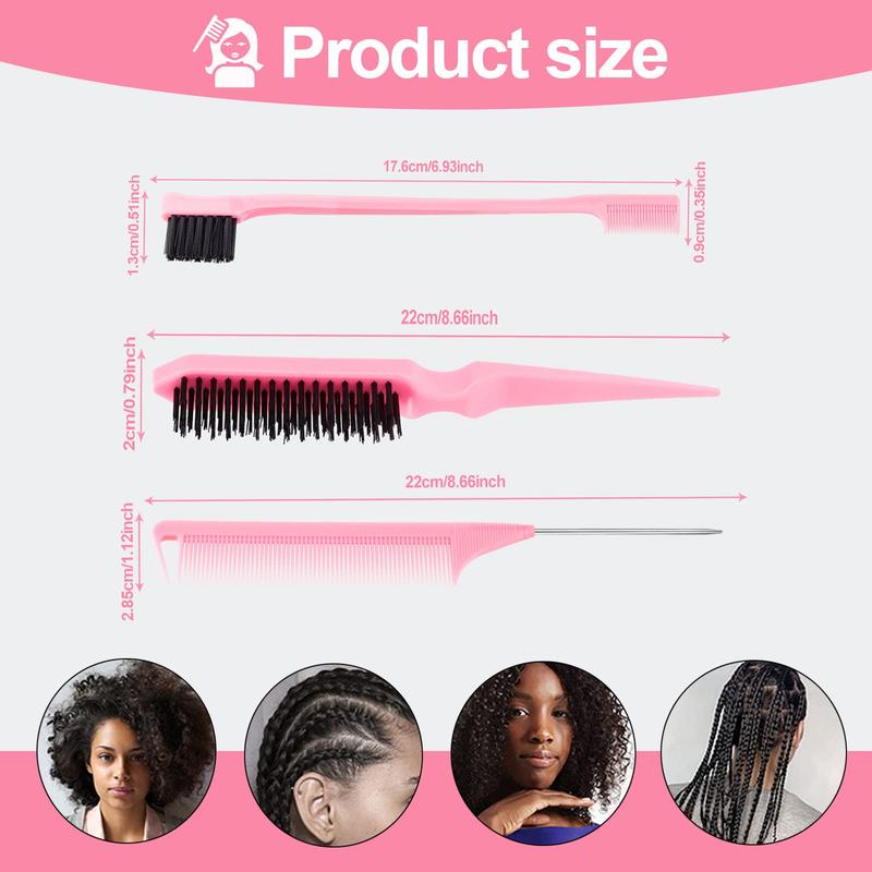 3 Pcs Slick Back Hair Brush Set with Edge Brush, Bristle, Rat Tail Comb, Teasing  Set for Smoothing Hair & Flyaways - Pink Haircare Heatless Color