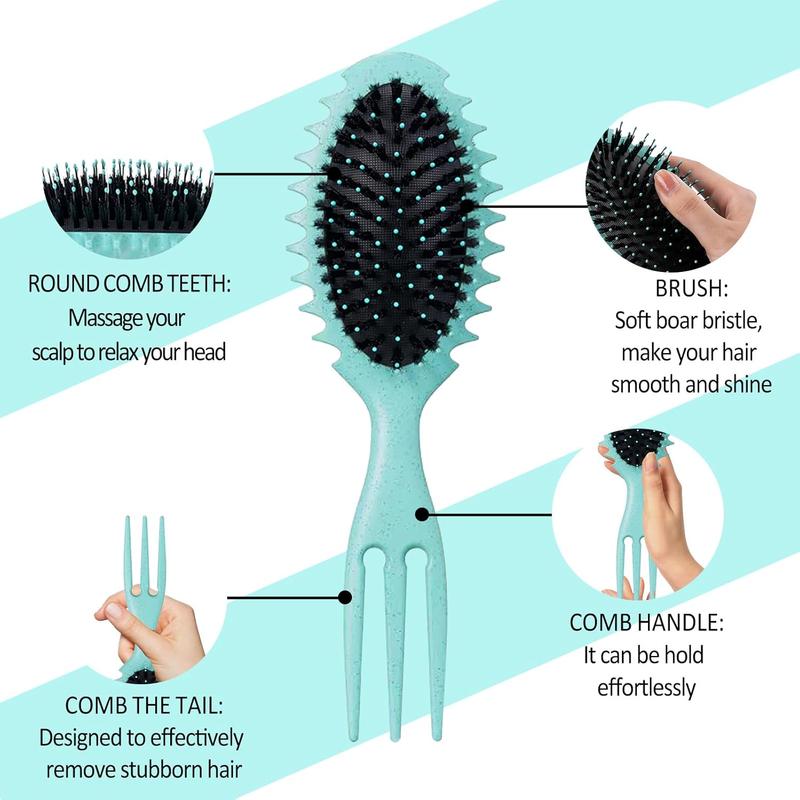 Curly Hair Brush Boar Bristle Curl Defining Brush for Curl Wave Straight Hair, Unique Trident Handle Design Defineing Brush for Wet Dry Hair Styling Massage Hairbrush Hair Pick Comb Curl Brush Green