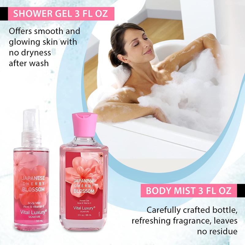 Japanese Cherry Bath & Body Kit - Travel Size Set with Body Lotion, Shower Gel, Body Cream, and Fragrance Mist - Body Care, Comfort