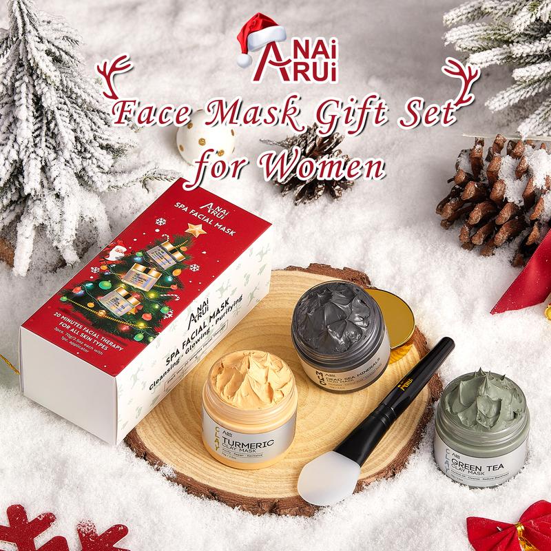 ANAiRUi Christmas 3in1 Clay Mask Set - Turmeric Mask & Green Tea Mask & Dead Sea Minerals Mask for Deep Cleansing, Oily Skin, Comfort Skincare Mask