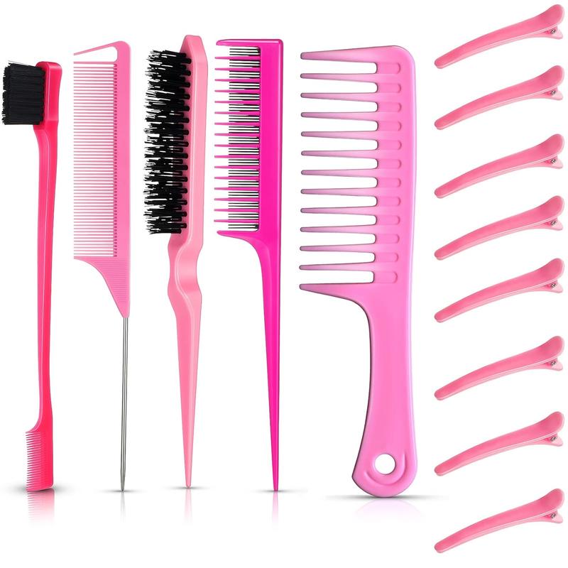 15-  Set with Fluffy Brush, Rat Tail Comb, Triple Teasing Comb, Dual Edge Brush, and 10 Duckbill Clips for Women (Pink and Black)