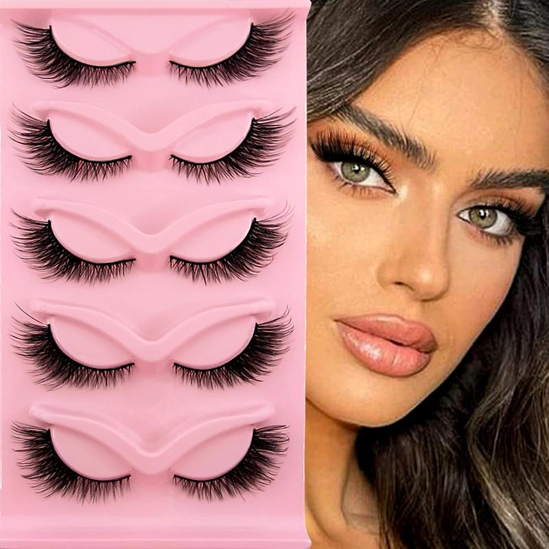 Cat Eye False Eyelashes, 5 Pairs Natural Fluffy False Eyelashes, Wispy Cat Eye Faux Cluster Lash Extensions, Lightweight Eyelash Extensions, Eye Cosmetic for Women & Girls Music Festival Makeup