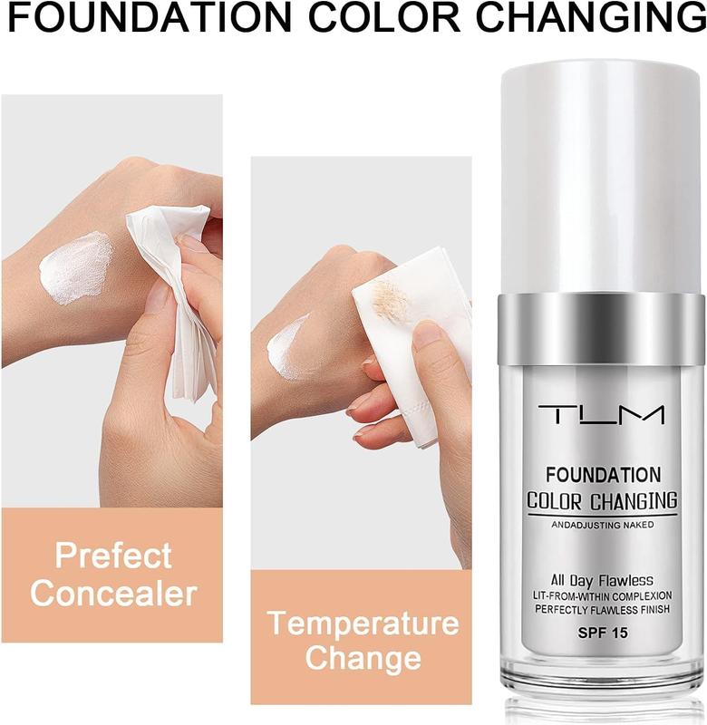 2PCS TLM Color Changing Liquid Foundation Hides Wrinkles & Lines, Full Coverage Natural Color Face Primer Base Makeup, Long Lasting Lightweight Liquid Foundation SPF 15 for Face Makeup