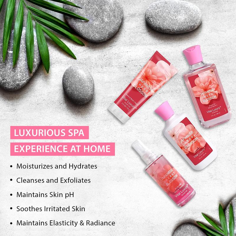 Japanese Cherry Bath & Body Kit - Travel Size Set with Body Lotion, Shower Gel, Body Cream, and Fragrance Mist - Body Care, Comfort