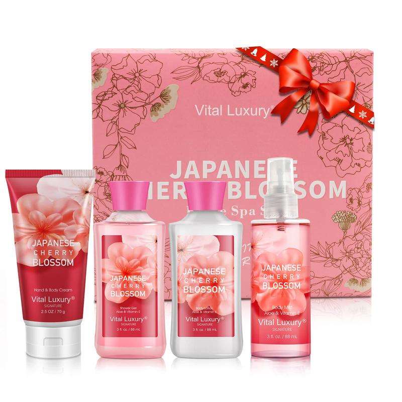 Japanese Cherry Bath & Body Kit - Travel Size Set with Body Lotion, Shower Gel, Body Cream, and Fragrance Mist - Body Care, Comfort