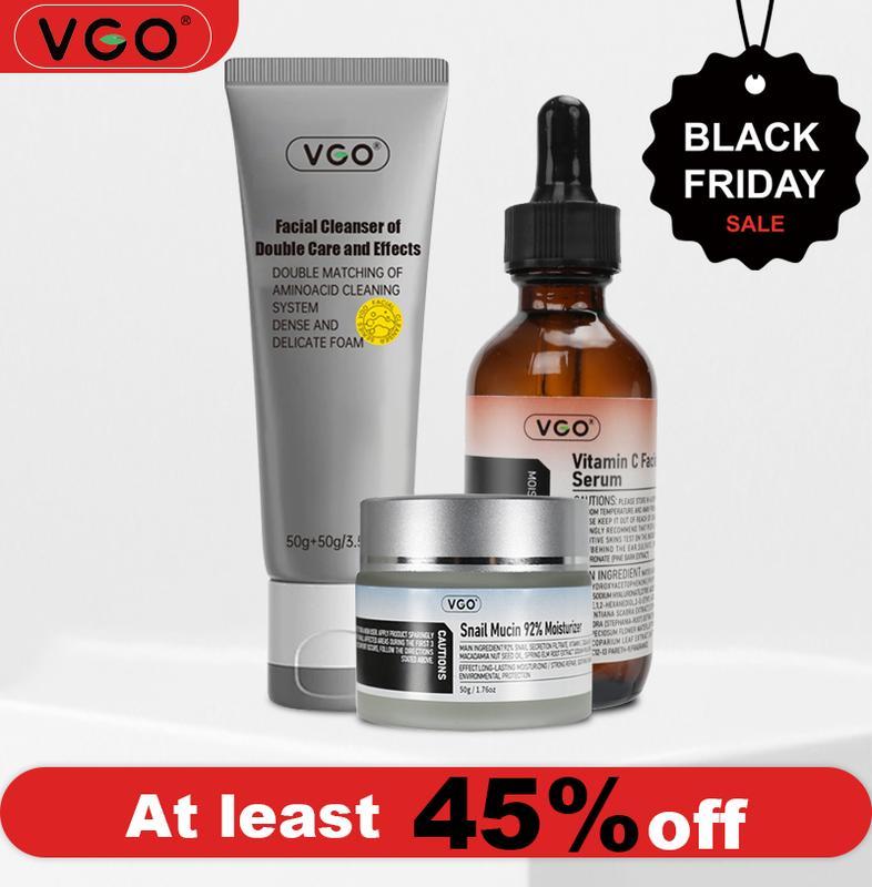 VGO Vitamin C Facial Serum + Snail Mucin 92% Moisturizer + Double Barrel Cleanser Gentle Organic Facial Serum Moisturizing