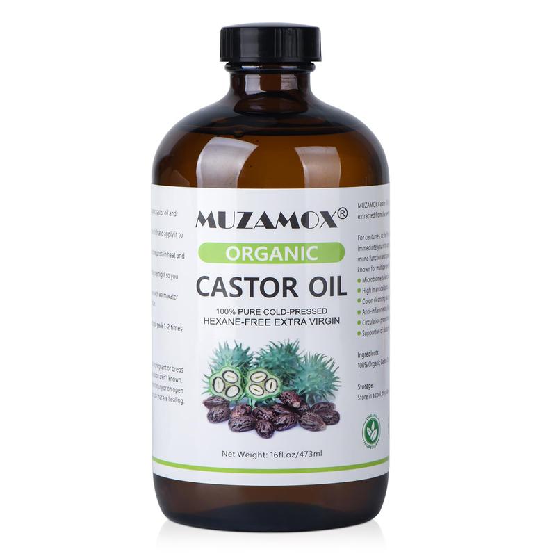 MUZAMOX Organic Castor Oil Cold Pressed Glass Bottle Pure Cold Pressed & Hexane Free, Castor Oil Hair Care, Thicker Eyelashes & Eyebrows and Castor Oil Pack, 16 Fl Oz Haircare Comfort Moisturized skin oil