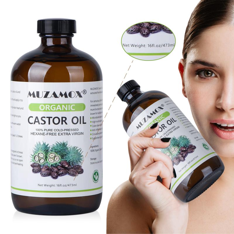 MUZAMOX Organic Castor Oil Cold Pressed Glass Bottle Pure Cold Pressed & Hexane Free, Castor Oil Hair Care, Thicker Eyelashes & Eyebrows and Castor Oil Pack, 16 Fl Oz Haircare Comfort Moisturized skin oil