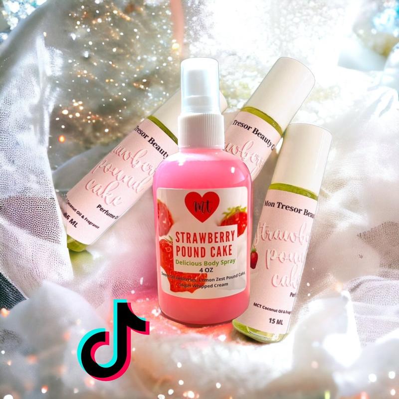 Strawberry Pound Cake (SET)Body Spray Body Oil  and Perfume oil set Fruity Women Unisex Fragrance Body Mist Gift Scent Cream Lemon Body Care Lotions Scented Skin Care Vegan