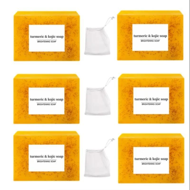 Turmeric Kojic Acid Soap Bar Set, 6 Counts set Natural Handmade Brightening Soap with Soap Saver Bags, Moisturizing Gentle Soap Bar Set for All Skin Types, Christmas Gift