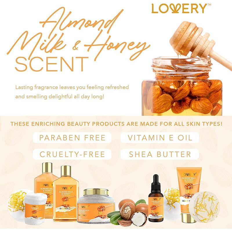 Luxe Almond Milk and Honey Spa Gift Basket - 10Pc Home Bath Kit Body Care Set