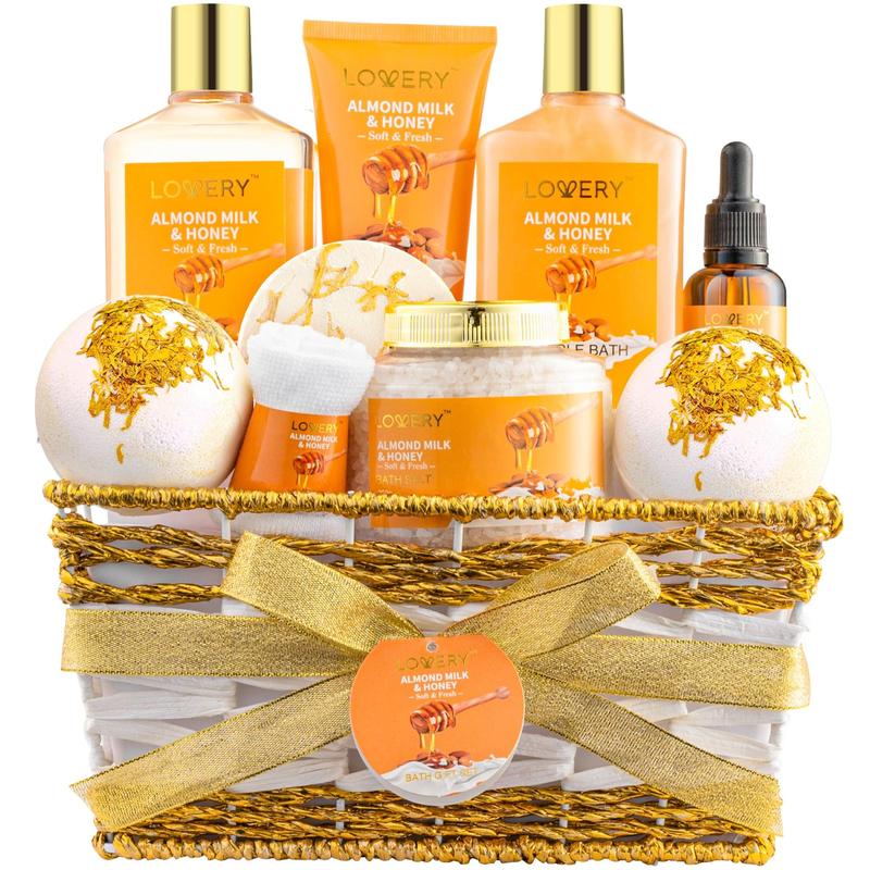 Luxe Almond Milk and Honey Spa Gift Basket - 10Pc Home Bath Kit Body Care Set