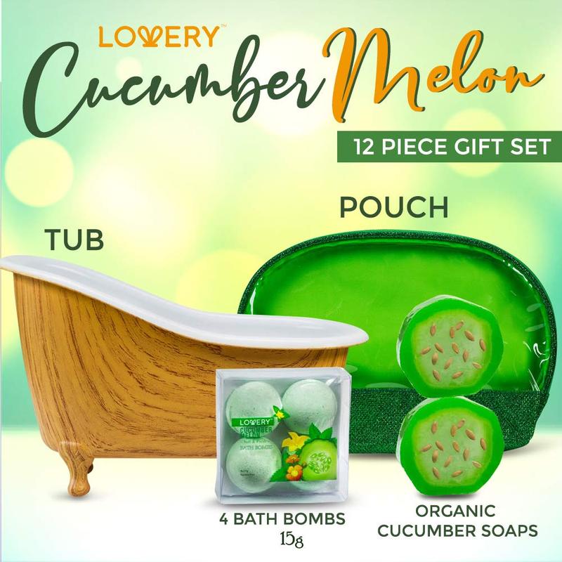 Lovery Cucumber Melon Home Bath Set - 10Pc Organic Self Care Kit for Body, Mind and Senses - Body Care, Fragrance Gift Luxury