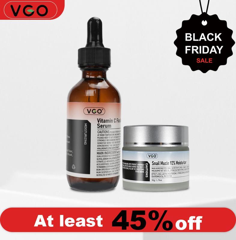 VGO Vitamin C Facial Serum + Snail Mucin 92% Moisturizer + Double Barrel Cleanser Gentle Organic Facial Serum Moisturizing