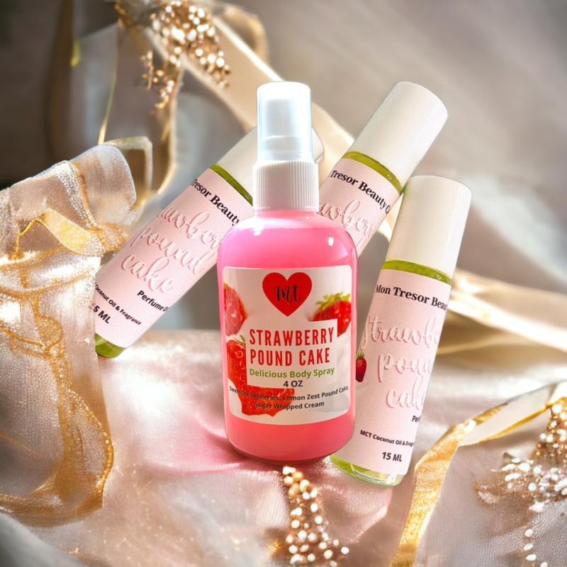 Strawberry Pound Cake (SET)Body Spray Body Oil  and Perfume oil set Fruity Women Unisex Fragrance Body Mist Gift Scent Cream Lemon Body Care Lotions Scented Skin Care Vegan